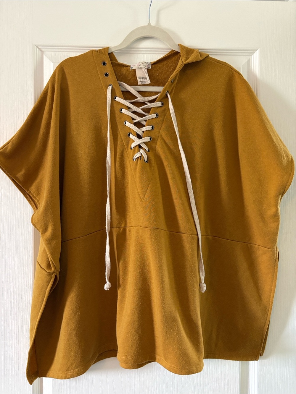 Free People Cozy Lace-Up Hooded Poncho in Mustard
